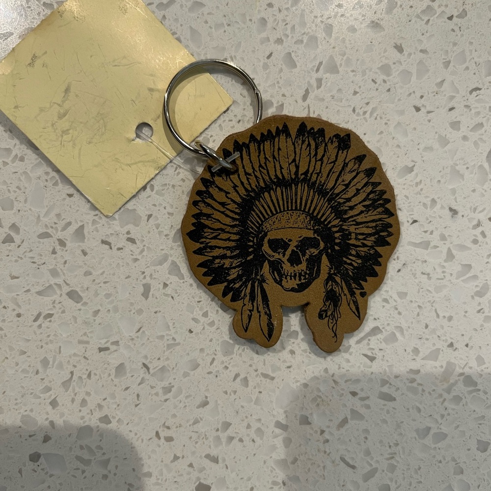 Brandy Melville Brown Skull Keychain with Feathered Headdress
